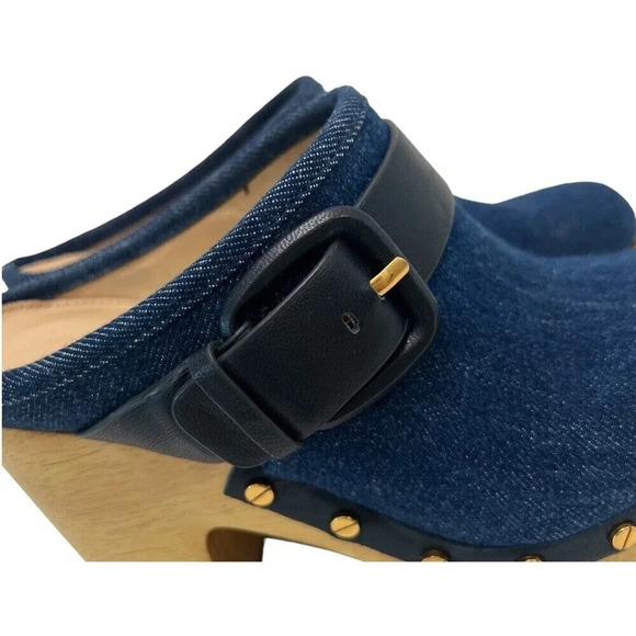 Veronica Beard Dacey Buckle Platform Clogs Eclipse Blue Denim Mules Slip On 6 - Picture 8 of 12